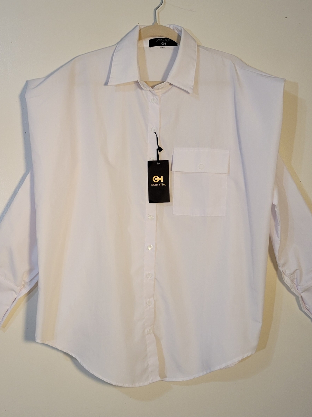 Gold X Teal (Womens L) High Pointed Shoulder Over-sized White Button-Down Shirt - Picture 6 of 10